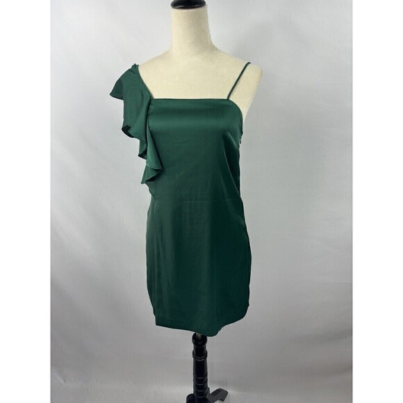 MNG Mango Slip Dress Hunter Green Size Small Ruffle Shoulder Satin Effect Mini - Picture 2 of 10